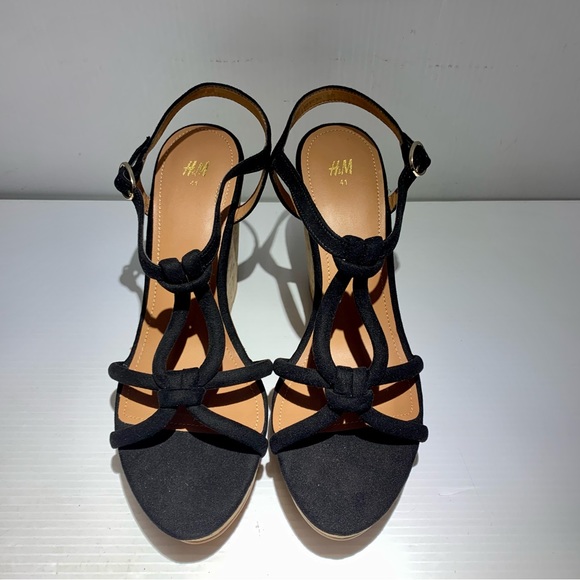 BRAND NEW H&M Black Sz 9.5 Strappy Cork Wedges Velour Feel Straps Platform’s - Picture 11 of 11